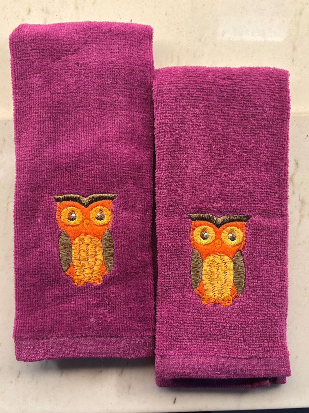 Vintage 70s Embroidered Orange Owl Purple Fingertip Towel Retro 10.5x17.5